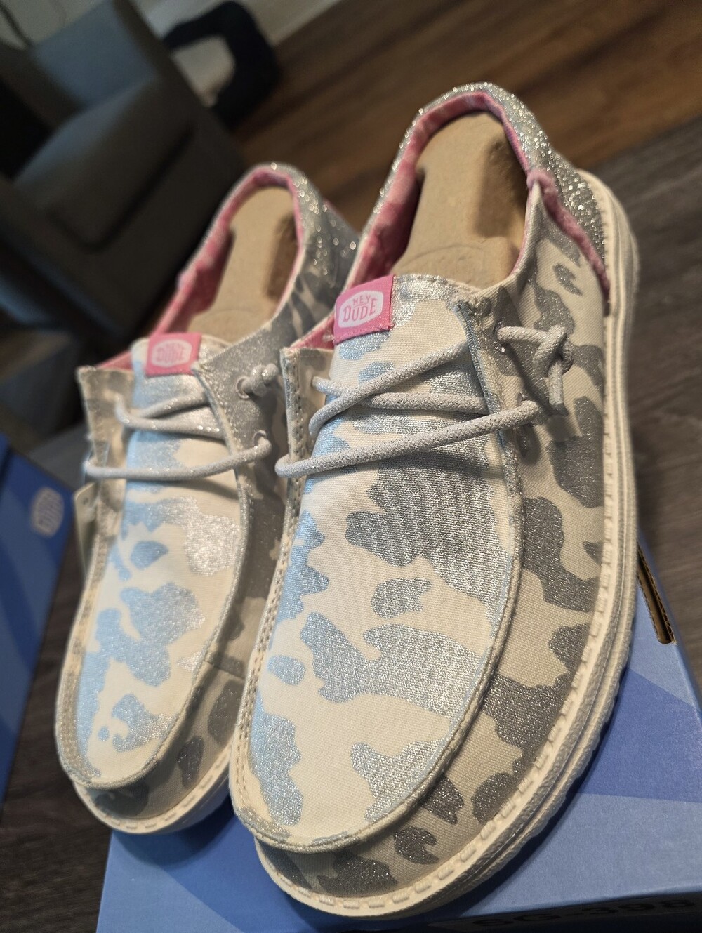Hey Dude Silver Glitter Cow Print Wendy Shoes with Pink Accents